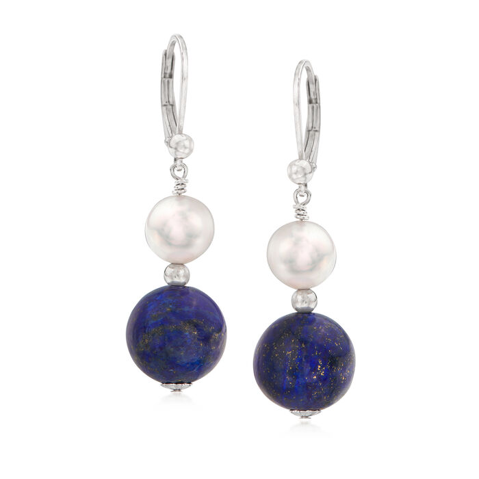 Lapis and 8mm Cultured Pearl Drop Earrings in Sterling Silver