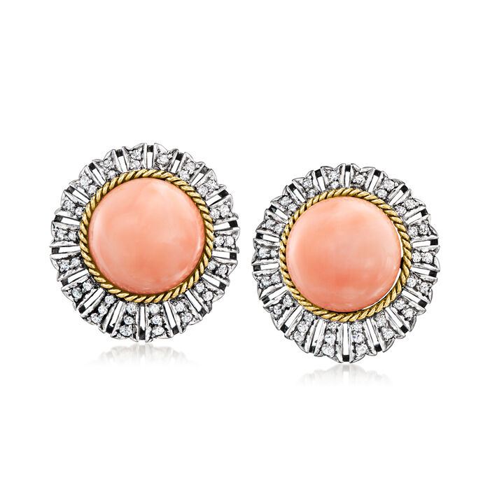 C. 1940 Vintage Pink Coral and 1.15 ct. t.w. Diamond Earrings in Sterling Silver with 14kt Yellow Gold