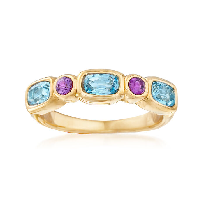 .80 ct. t.w. Blue Topaz and .10 ct. t.w. Amethyst Ring in 14kt Yellow Gold