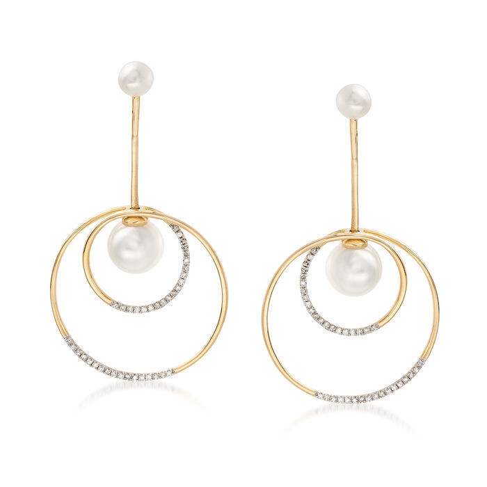Cultured Pearl and .24 ct. t.w. Diamond Double Circle Drop Earrings in 14kt Gold