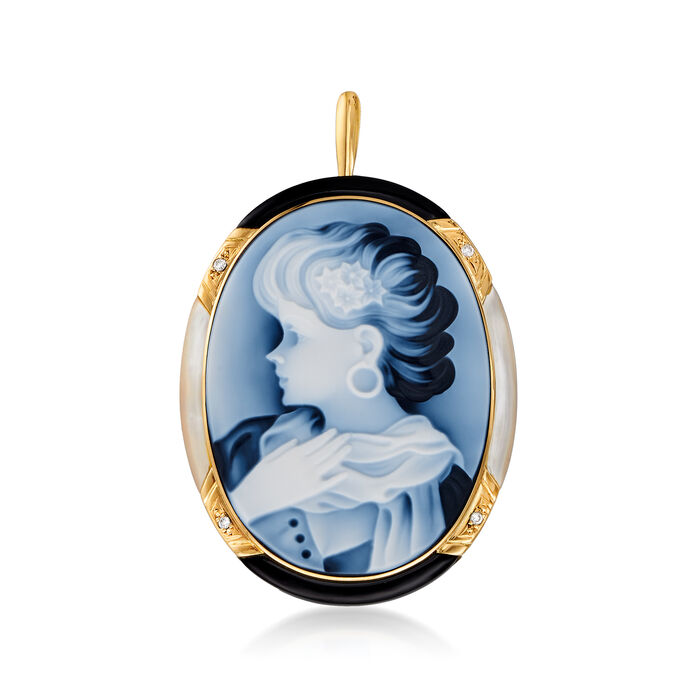 C. 1990 Vintage Blue Agate Cameo, Black Onyx and Mother-Of-Pearl Pin Pendant with Diamond Accents in 18kt Yellow Gold