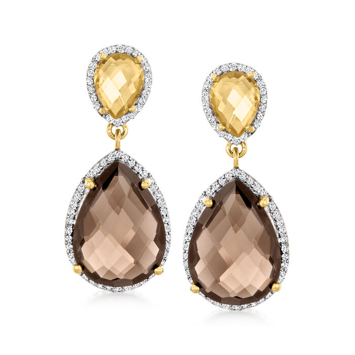 17.00 ct. t.w. Smoky Quartz and 2.30 ct. t.w. Citrine Drop Earrings with .60 ct. t.w. White Topaz in 18kt Gold Over Sterling