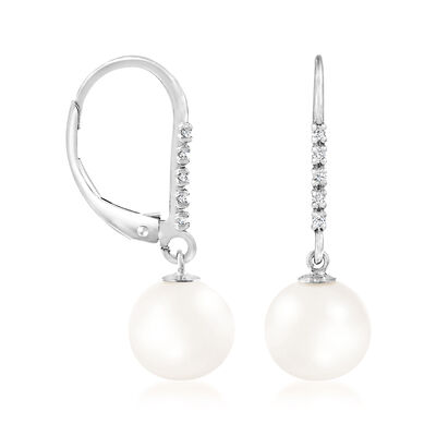 7-8mm Cultured Akoya Pearl Drop Earrings with Diamond Accents in 14kt White Gold