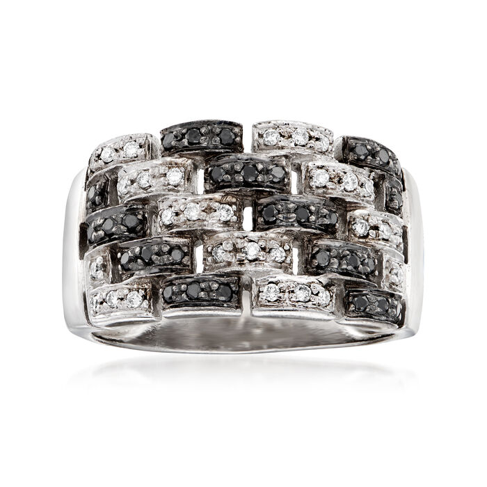 C. 1990 Vintage .50 ct. t.w. Black and White Diamond Basketweave Ring in 14kt White Gold