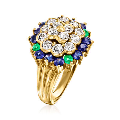 C. 1980 Vintage 1.33 ct. t.w. Diamond, 1.20 ct. t.w. Sapphire and .25 ct. t.w. Emerald Ring in 18kt Yellow Gold