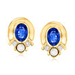 C. 1980 Vintage 3.5mm Cultured Pearl, 2.70 ct. t.w. Sapphire and .16 ct. t.w. Diamond Earrings in 18kt Yellow Gold