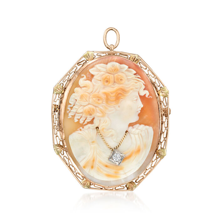C. 1950 Vintage Orange Shell Cameo Pin/Pendant with .10 Carat Diamond in 10kt Rose and 14kt Yellow Gold