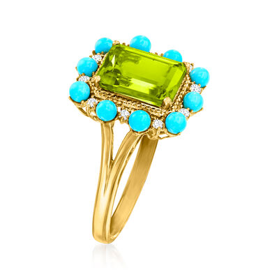 3.60 Carat Peridot and 11. ct. t.w. Diamond Ring with Turquoise in 14kt Yellow Gold