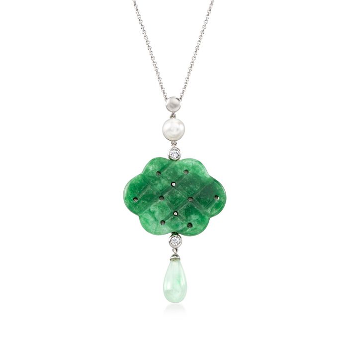 7.5-8mm Cultured Pearl and Carved Jade Pendant Necklace with White Topaz Accents in Sterling