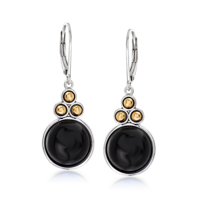 Black Onyx Drop Earrings in Sterling Silver with 14kt Yellow Gold