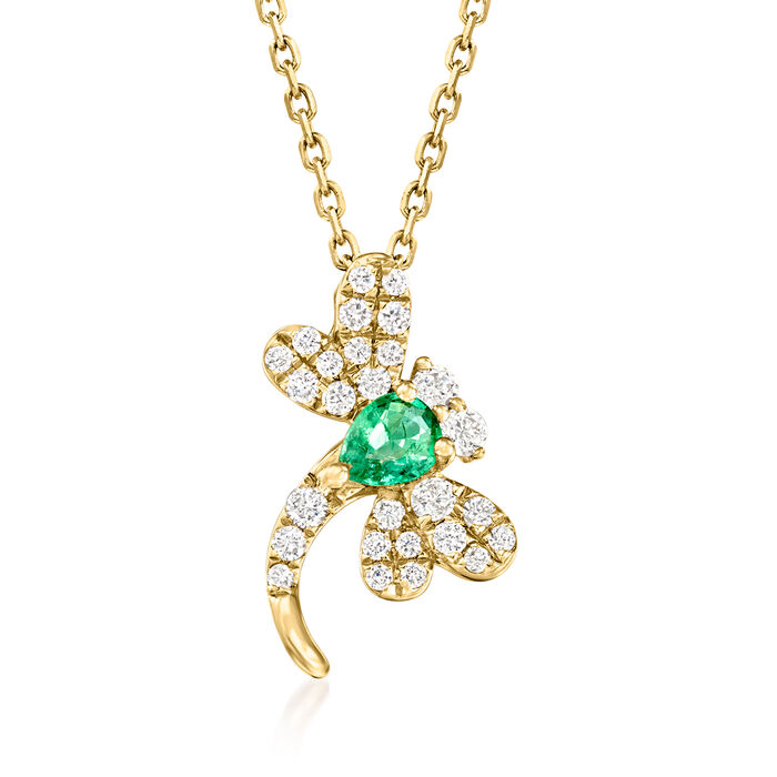 .10 Carat Emerald and .18 ct. t.w. Diamond Dragonfly Pendant Necklace in 14kt Yellow Gold