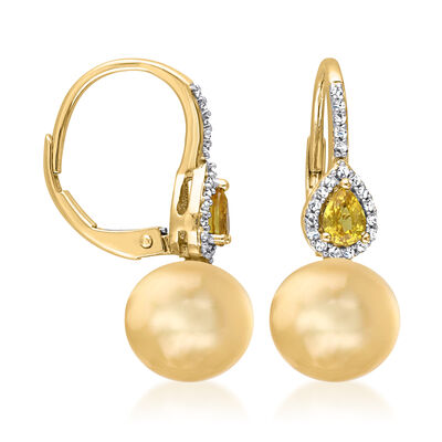9-9.5mm Golden Cultured South Sea Pearl Drop Earrings with .37 ct. t.w. Yellow Sapphires and .12 ct. t.w. Diamonds in 14kt Yellow Gold