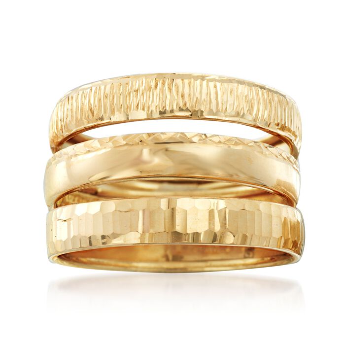 Italian 14kt Yellow Gold Jewelry Set: Three Diamond-Cut Rings