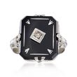 C. 1950 Vintage Black Onyx Ring with Diamond Accent in 14kt White Gold
