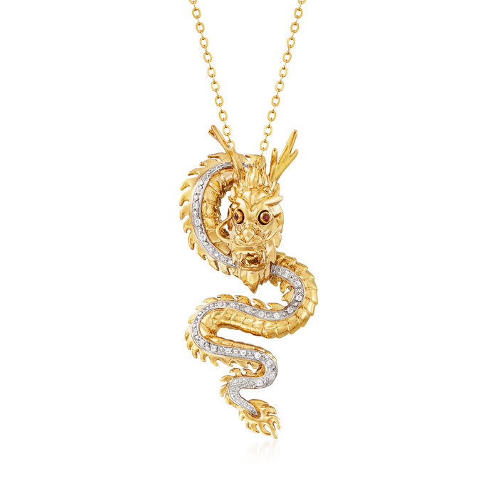 .20 ct. t.w. White Topaz Dragon Pendant Necklace with Garnet Accents in 18kt Gold Over Sterling