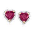 5.25 ct. t.w. Ruby and .38 ct. t.w. Diamond Heart Stud Earrings in 14kt Yellow Gold