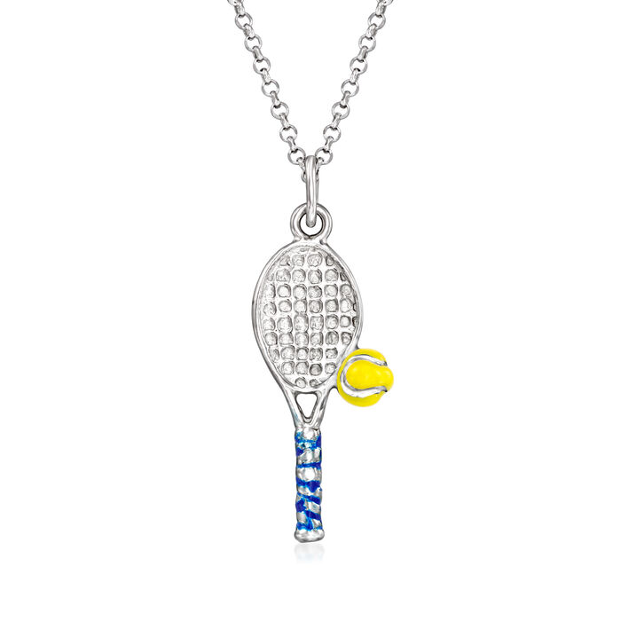 Italian Multicolored Enamel Tennis Racket Pendant Necklace in Sterling Silver