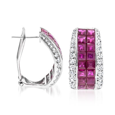 5.75 ct. t.w. Ruby and 1.00 ct. t.w. Diamond Curved Earrings in 14kt White Gold