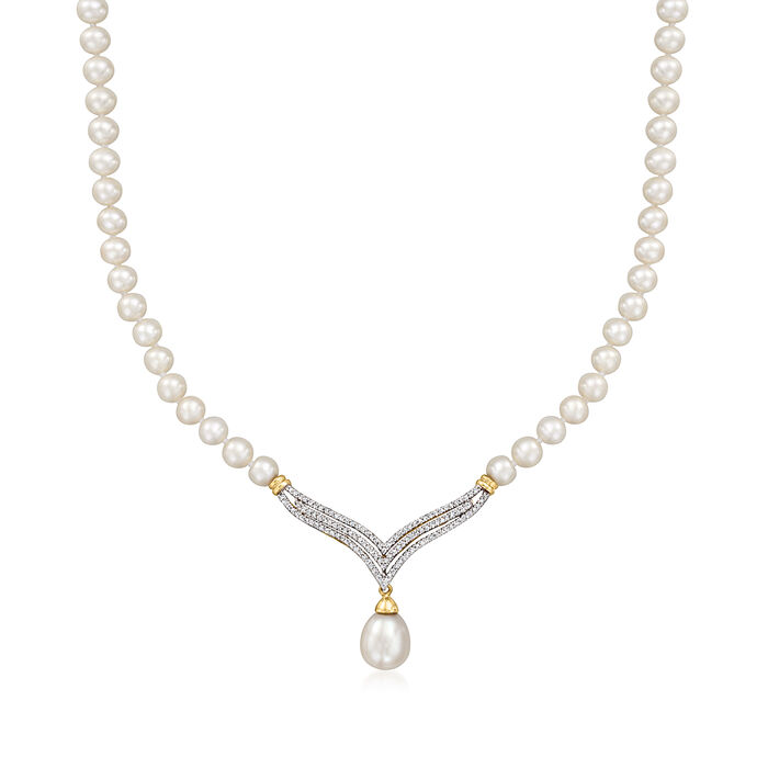 C. 1980 Vintage 11x8mm and 5-5.5mm Cultured Pearl and .70 ct. t.w. Diamond Necklace in 14kt Yellow Gold