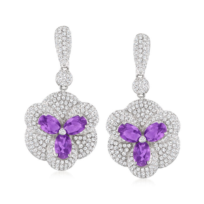 2.40 ct. t.w. Amethyst and 2.25 ct. t.w. Diamond Floral Drop Earrings in 14kt White Gold