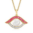 8mm Cultured Pearl and .50 ct. t.w. Ruby Evil Eye Pendant Necklace with .20 ct. t.w. White Zircon in 18kt Gold Over Sterling