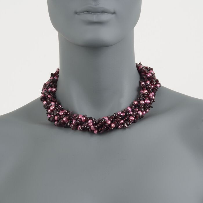 Garnet and Pink Cultured Semi-Baroque Pearl Torsade Necklace with Sterling Silver 18-inch