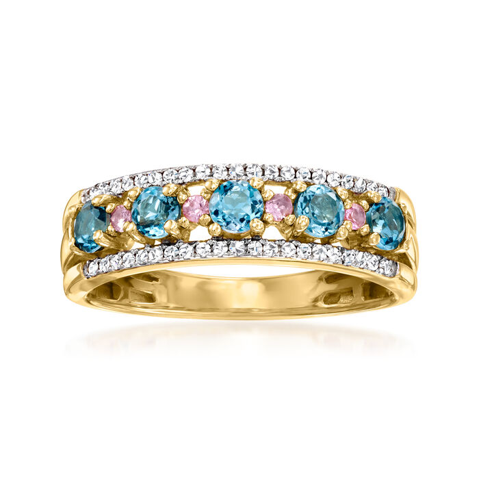 .60 ct. t.w. London Blue Topaz and .13 ct. t.w. Diamond Ring with Pink Sapphire Accents in 18kt Gold Over Sterling
