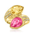 C. 1980 Vintage 2.70 Carat Pink Tourmaline, 2.20 Carat Citrine and .25 ct. t.w. Diamond Bypass Ring in 18kt Yellow Gold