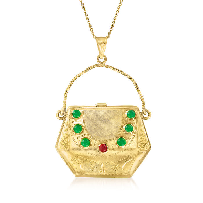 C. 1980 Vintage Red and Green Glass Purse Pendant Necklace in 18kt Yellow Gold