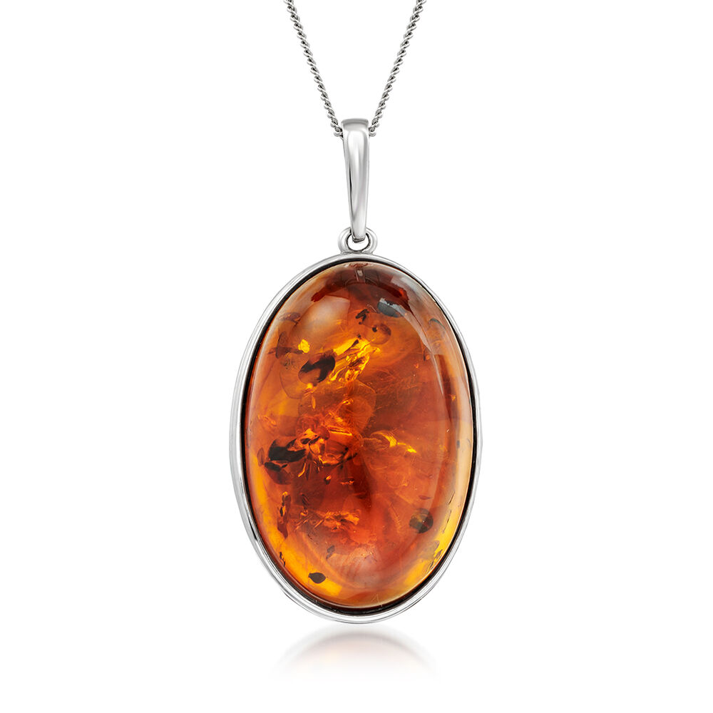 Oval Cognac Amber Pendant Necklace in Sterling Silver. 18