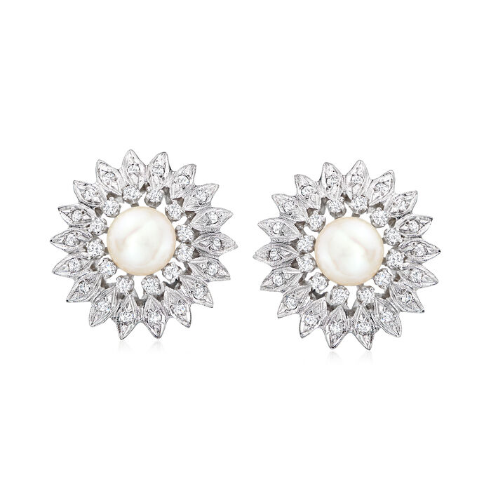 C. 1970 Vintage 7mm Cultured Pearl and 1.10 ct. t.w. Diamond Sunflower Earrings in 14kt White Gold