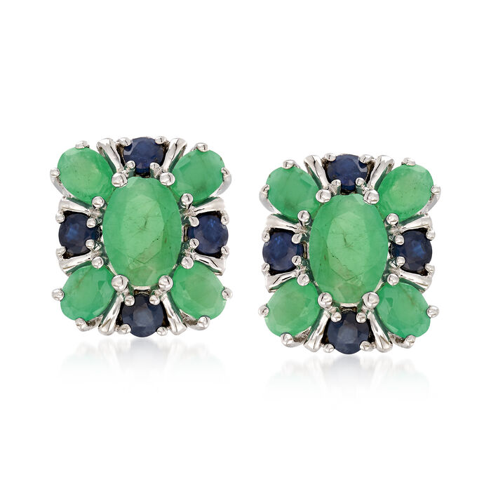 2.20 ct. t.w. Emerald and .40 ct. t.w. Sapphire Cluster Earrings in Sterling Silver