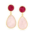 18.00 ct. t.w. Rose Quartz and 2.80 ct. t.w. Ruby Drop Earrings in 18kt Gold Over Sterling