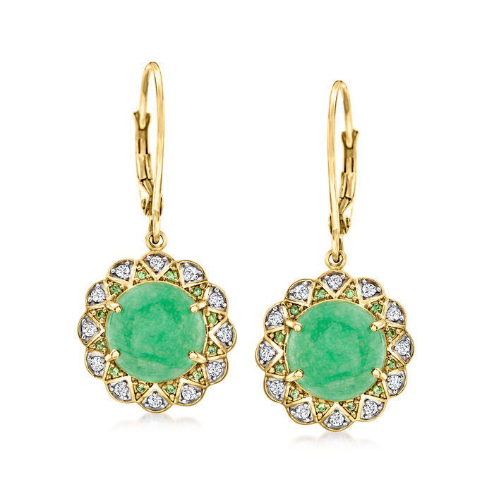 Jade and .30 ct. t.w. White Zircon Drop Earrings with .10 ct. t.w. Tsavorites in 18kt Gold Over Sterling