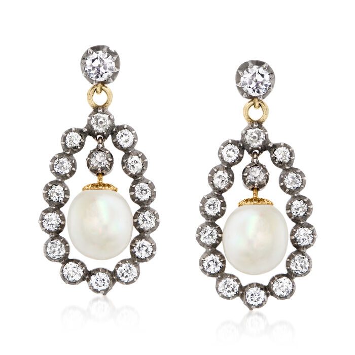 C. 1930 Vintage Certified 9x8mm Cultured Pearl and 1.90 ct. t.w. Diamond Drop Earrings in Sterling Silver and 14kt Yellow Gold