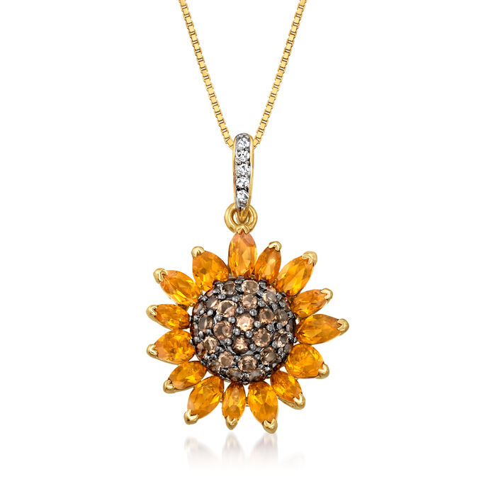 1.70 ct. t.w. Citrine and .80 ct. t.w. Smoky Quartz and .10 ct. t.w. White Topaz Sunflower Pendant Necklace in 18kt Gold Over Sterling