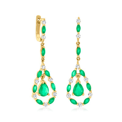 3.20 ct. t.w. Emerald and .48 ct. t.w. Diamond Pear-Shaped Drop Earrings in 14kt Yellow Gold