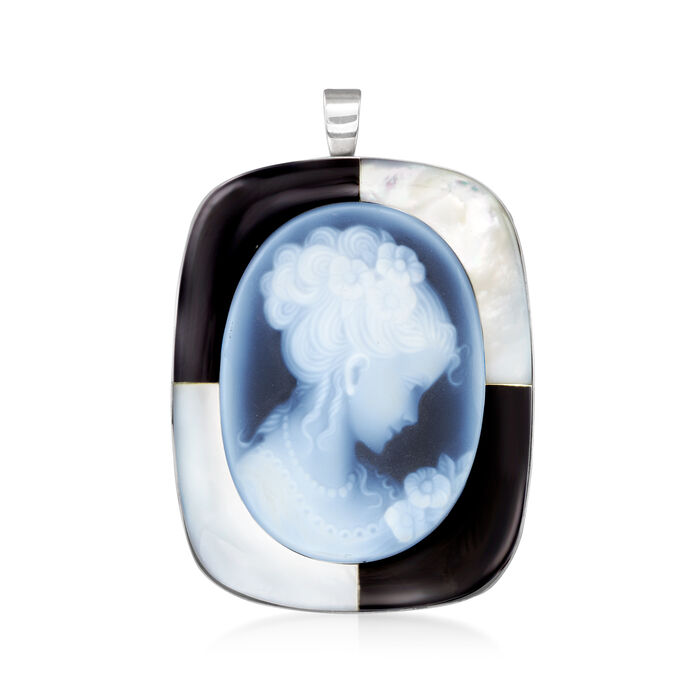 C. 1990 Vintage Black Agate, Black Onyx and Mother-of-Pearl Cameo Pin/Pendant in 18kt White Gold