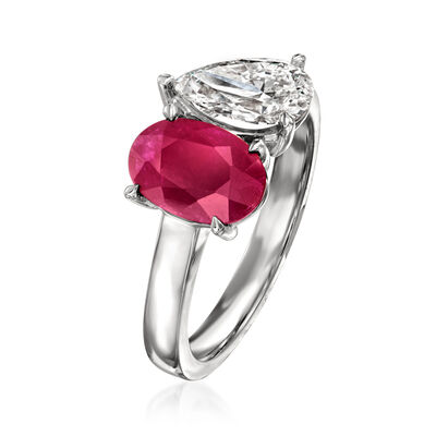 2.00 Carat Oval Ruby and 1.00 Carat Pear-Shaped Lab-Grown Diamond Toi et Moi Ring in 14kt White Gold