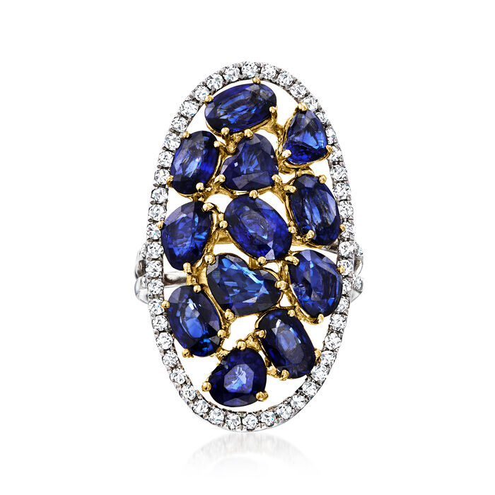 C. 1990 Vintage 5.40 ct. t.w. Sapphire and 1.00 ct. t.w. Diamond Cocktail Ring in 14kt Two-Tone Gold