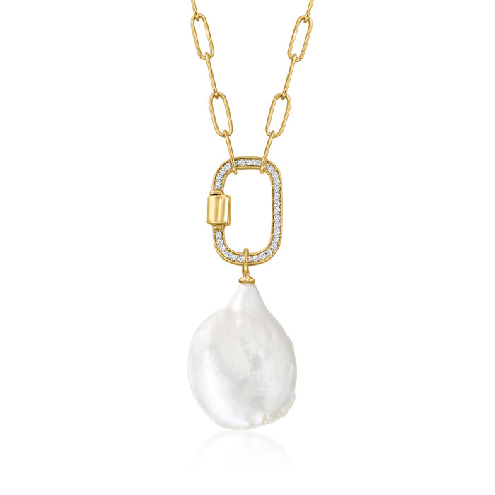 18-20mm Cultured Baroque Pearl Paper Clip Link Necklace with .14 ct. t.w. Diamonds in 18kt Gold Over Sterling