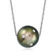 14-15mm Black Cultured Tahitian Pearl Necklace with .24 ct. t.w. Diamonds in 18kt White Gold