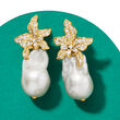 Italian 13-18mm Cultured Baroque Pearl and 1.80 ct. t.w. CZ Flower Earrings in 18kt Gold Over Sterling