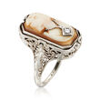C. 1950 Vintage Diamond-Accented Onyx and Brown Shell Cameo Flip Ring in 14kt White Gold