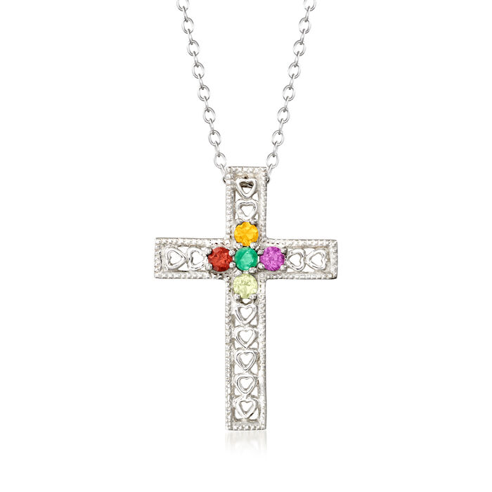 Personalized Heart Cross Pendant Necklace in Sterling Silver  3 to 7 Birthstones