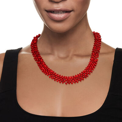 3-5mm Red Coral Bead Collar Necklace in Sterling Silver