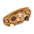 C. 1960 Vintage Multicolored Cultured Pearl and 1.00 ct. t.w. Diamond Floral Bangle in 18kt Yellow Gold
