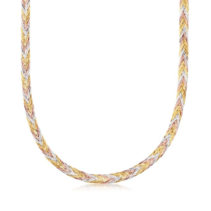 Italian 14kt Tri-Colored Gold Braided Herringbone Necklace