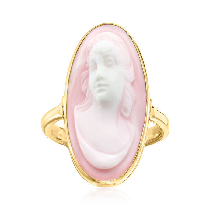 C. 1990 Vintage Pink Agate Cameo Ring in 14kt Yellow Gold