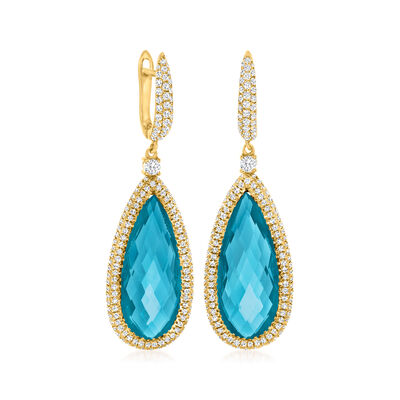 17.00 ct. t.w. Swiss Blue Topaz and 1.80 ct. t.w. Diamond Drop Earrings in 14kt Yellow Gold